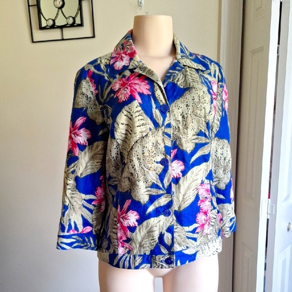 Chico's Hawaiian Floral Linen Jacket Blue Green Pink Size M - Picture 2 of 9